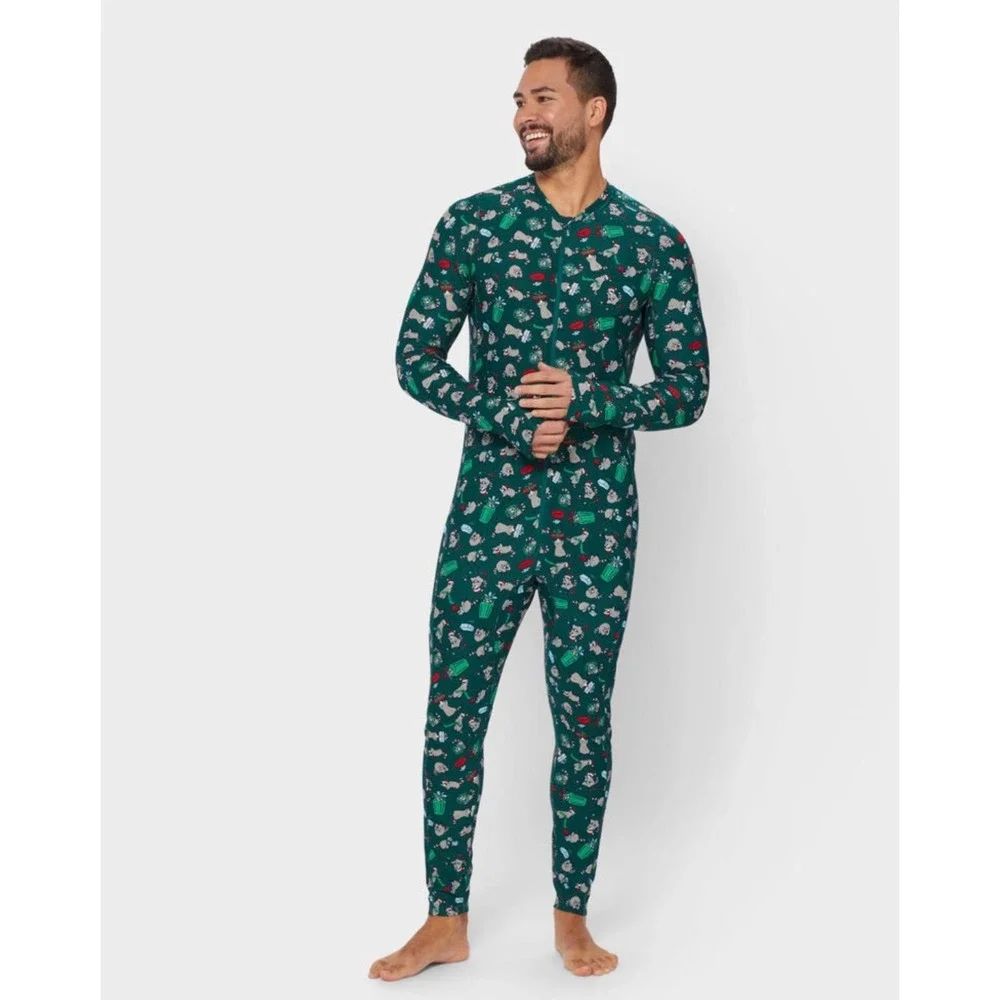 Duluth Trading Co Go Buck Naked Mens XL Union Suit Raccoon Holiday Green Zip